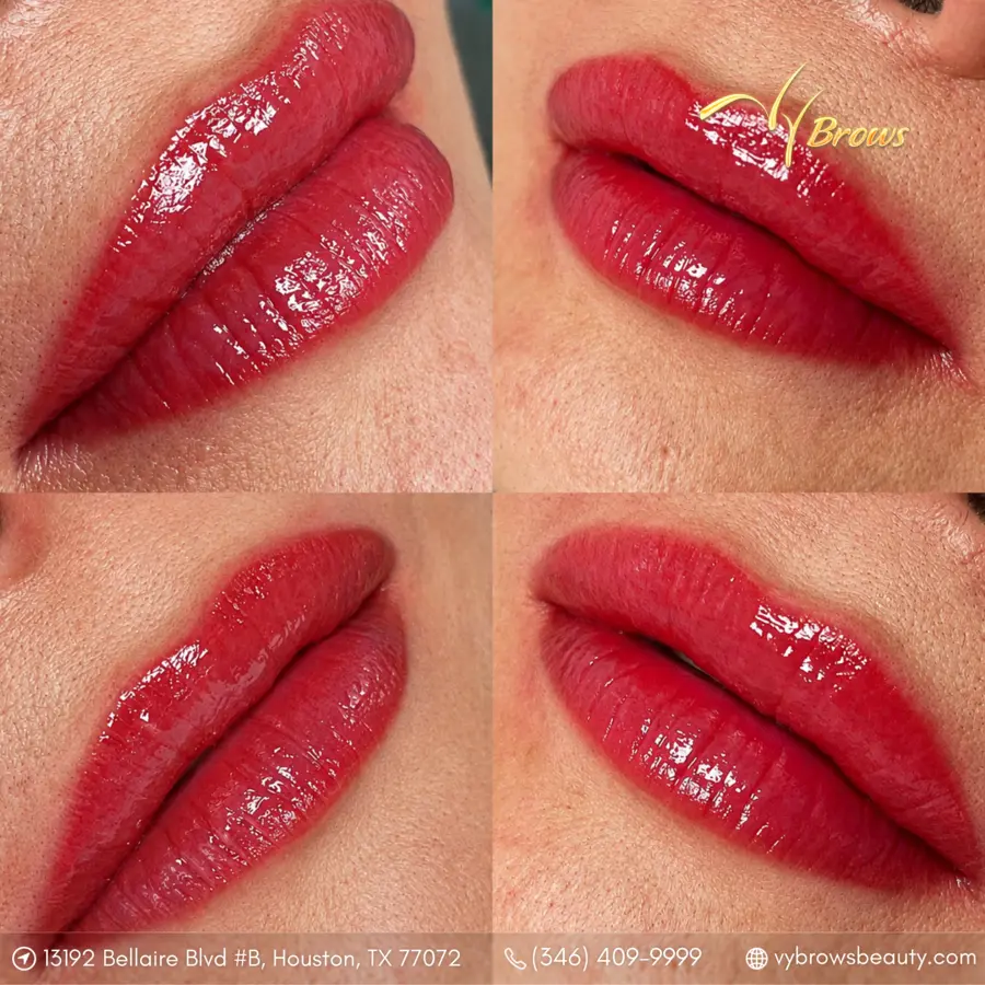 Deep rose lip blush, four angles