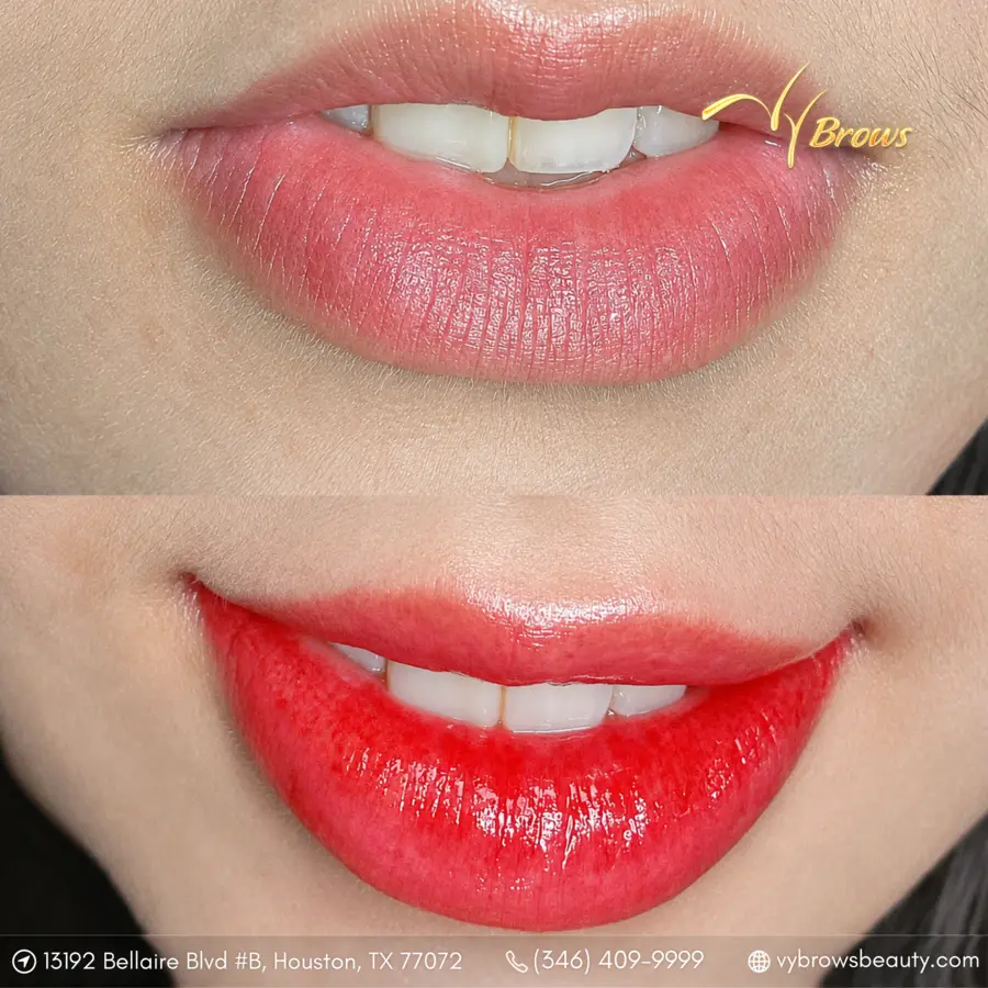 Pale lips before and after lip blush at VyBrows in Houston