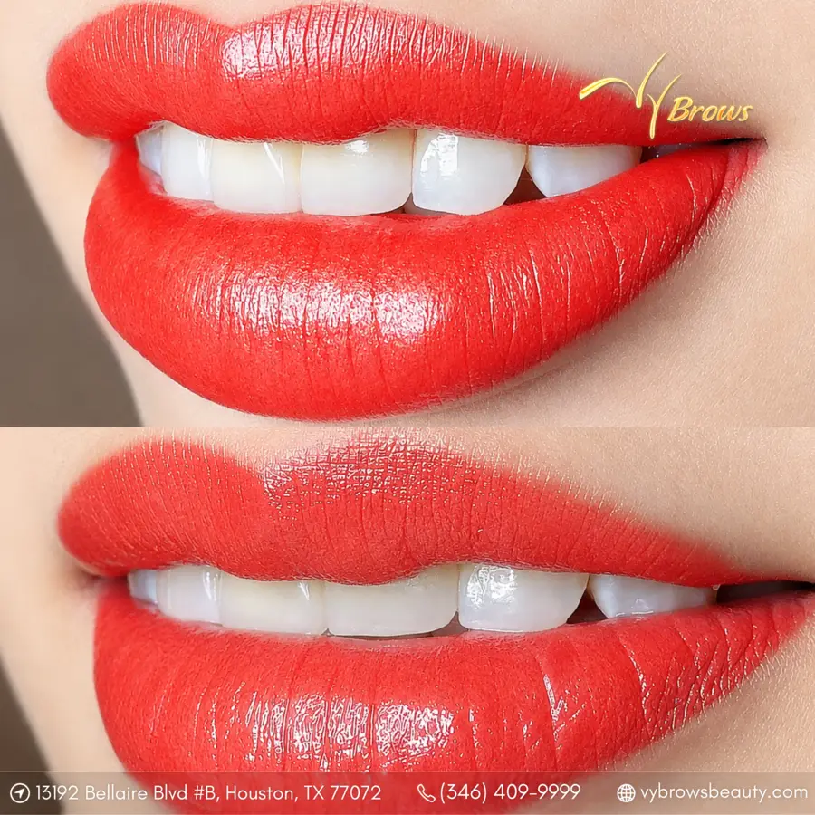 Full lip color after lip blush, smiling